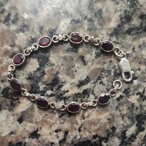 925 Sterling Silver Natural Garnet Link‎ Bracelet